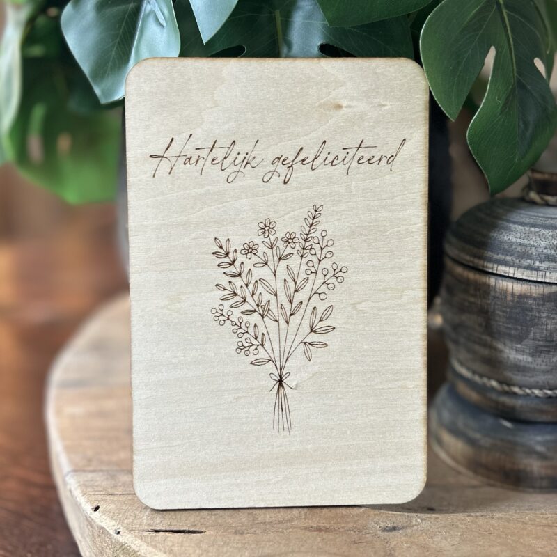 Houten kaart | Hartelijk gefeliciteerd - Veldboeket